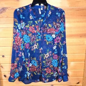 Kut From The Kloth Button Up Long Sleeve Top Sheer Floral Navy Medium Western